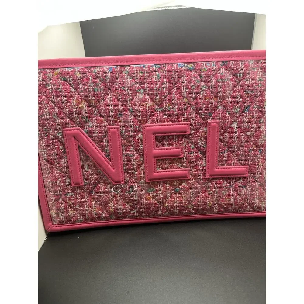 CHANEL Pink Tweed Large Logo Zip Pouch Clutch - Picture 3 of 14